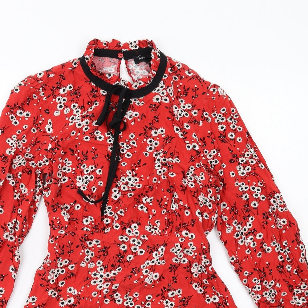 New Look Womens Red Floral Viscose A-Line Size 10 Mock Neck Button