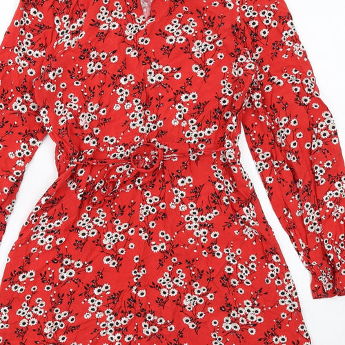 New Look Womens Red Floral Viscose A-Line Size 10 Mock Neck Button