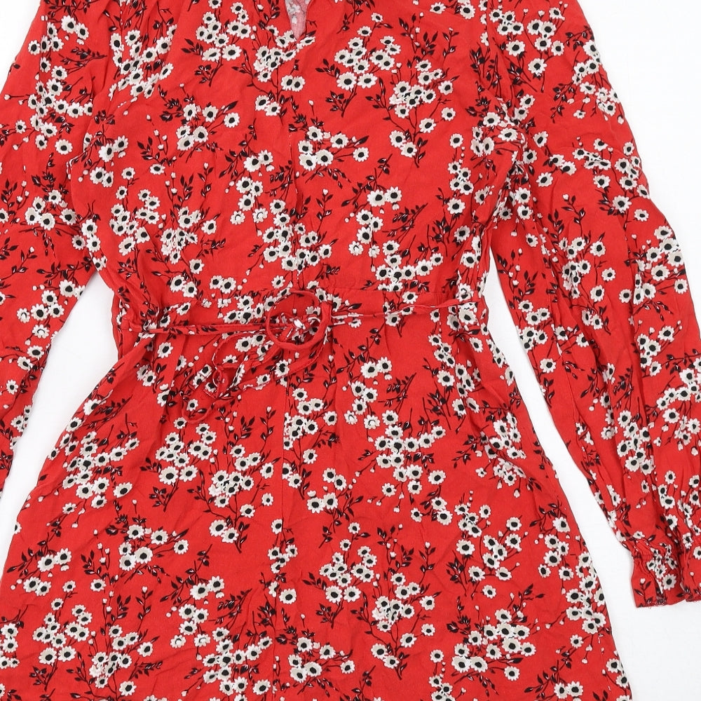 New Look Womens Red Floral Viscose A-Line Size 10 Mock Neck Button