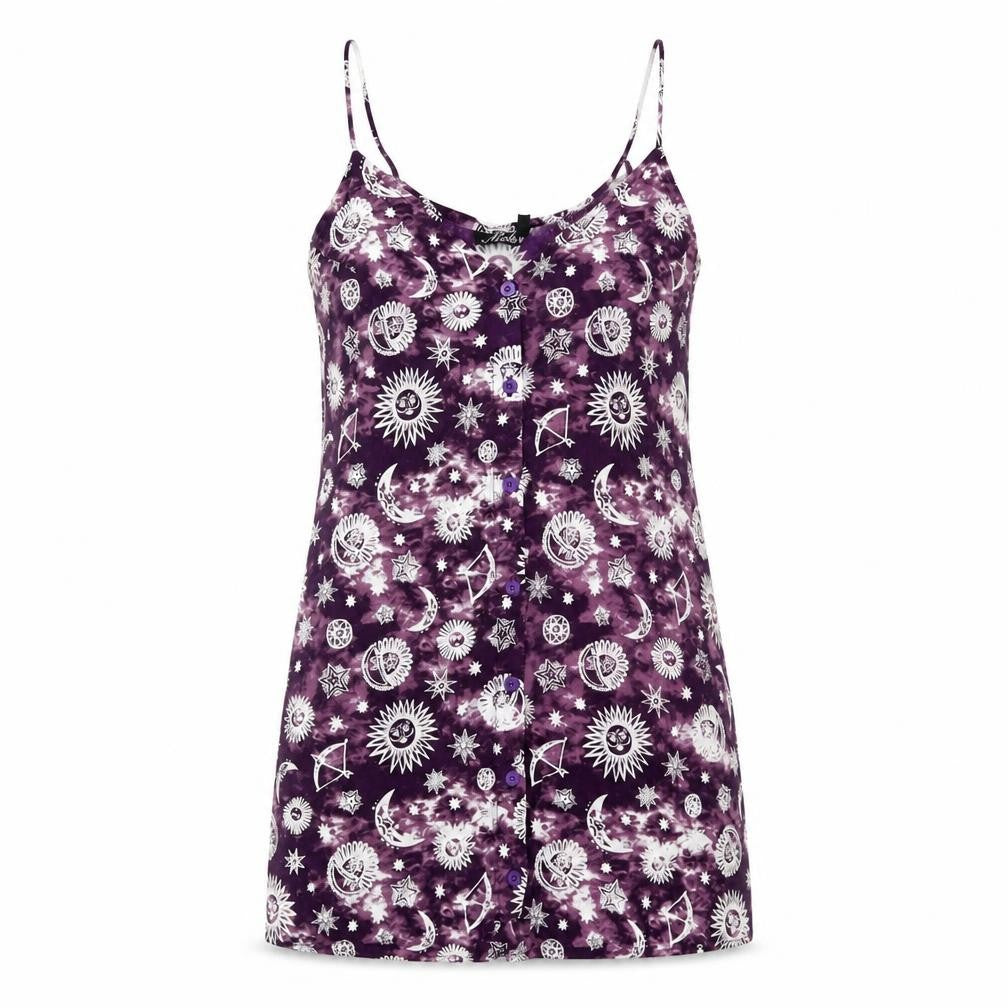 Front view of Motel Rocks women’s purple geometric viscose mini, size XS, round neck button