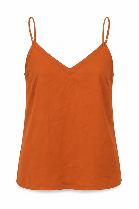 Front view of ASOS women’s orange polyester camisole tank, size UK 10, v-neck