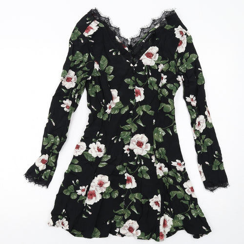 Very Womens Black Floral Viscose A-Line Size 10 V-Neck Zip - Lace Details