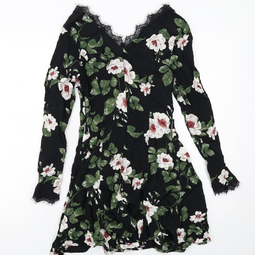Very Womens Black Floral Viscose A-Line Size 10 V-Neck Zip - Lace Details