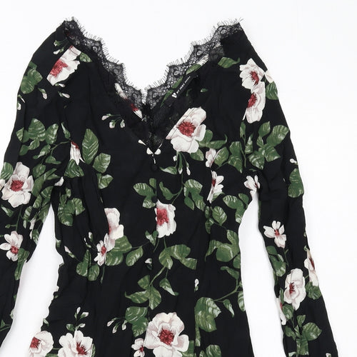 Very Womens Black Floral Viscose A-Line Size 10 V-Neck Zip - Lace Details