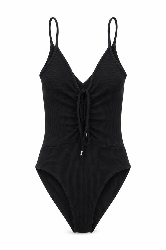 Front view of River Island women’s black cotton bodysuit one-piece, size UK 8, snap