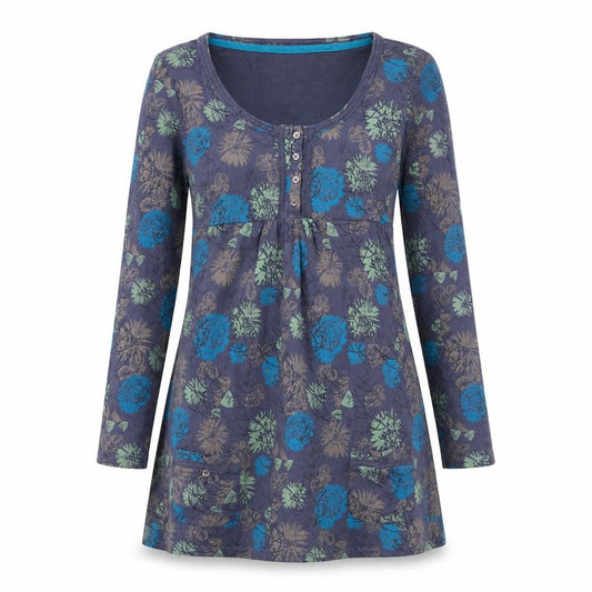 Front view of Mudd & Water women’s purple floral viscose a-line, size UK 8, round neck pullover