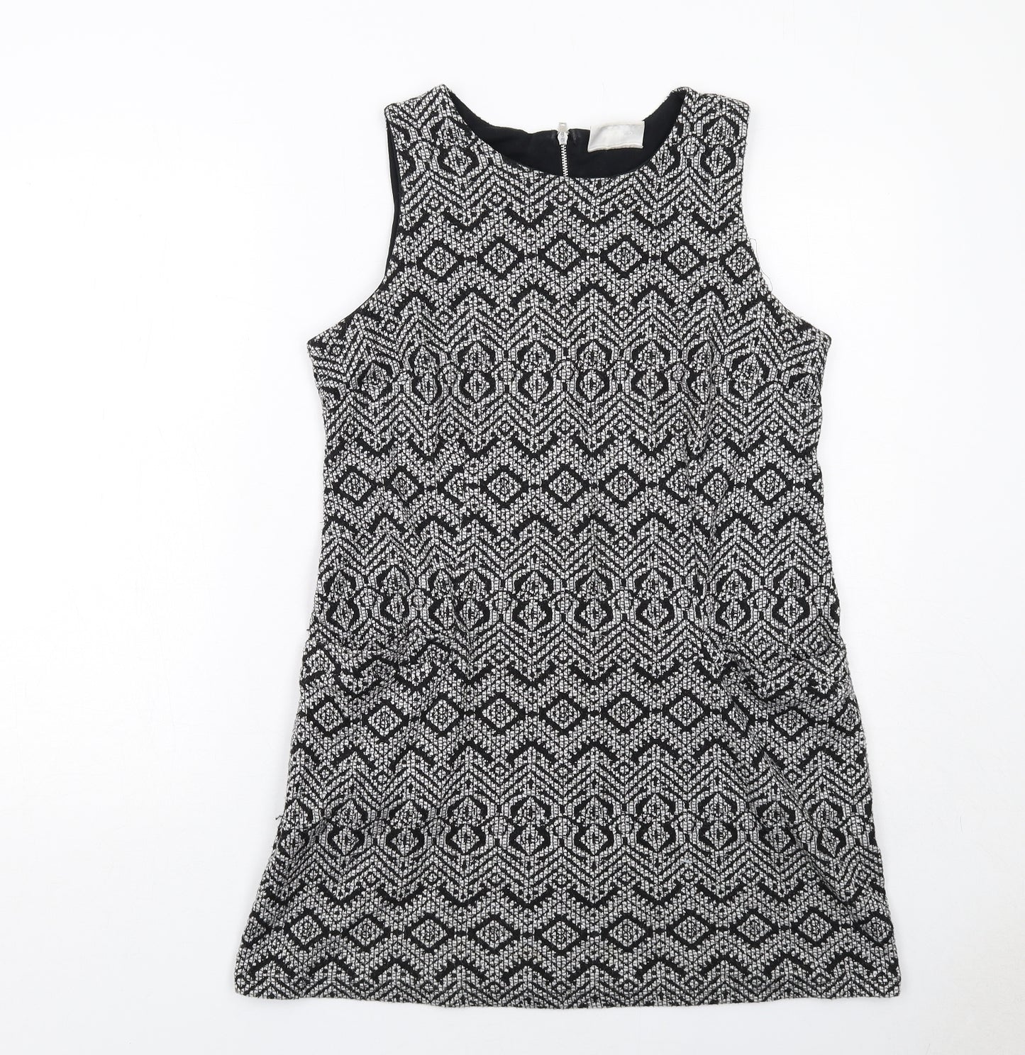 Wallis Womens Black Geometric Polyester Shift Size 12 Round Neck Zip