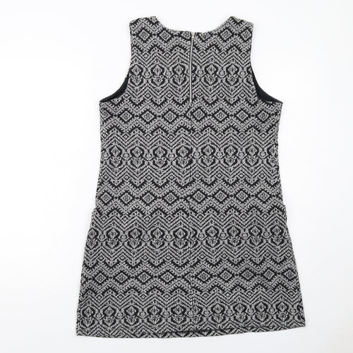Wallis Womens Black Geometric Polyester Shift Size 12 Round Neck Zip