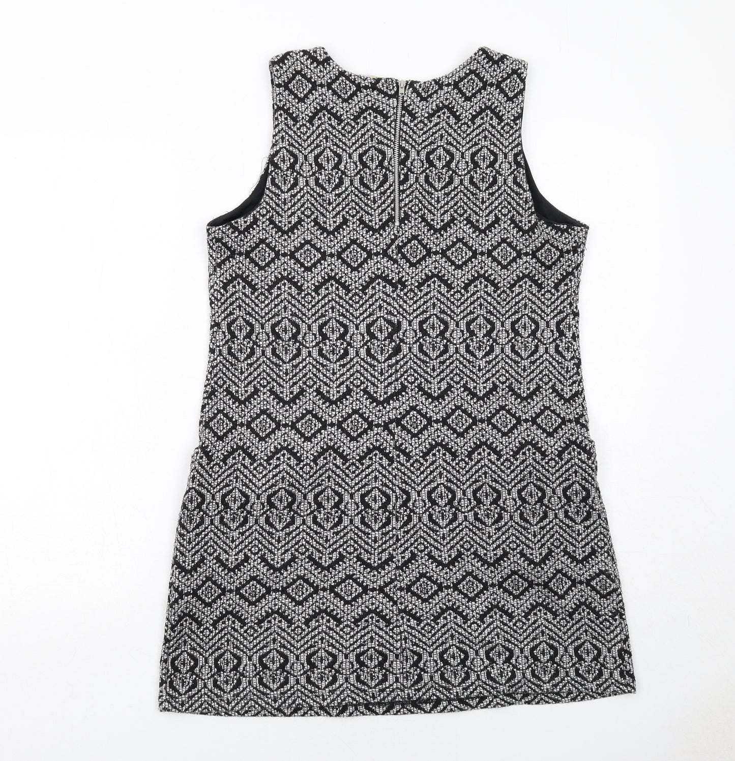 Wallis Womens Black Geometric Polyester Shift Size 12 Round Neck Zip