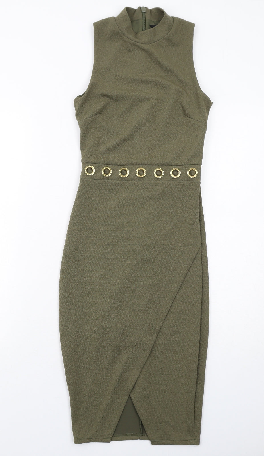 Miss Selfridge Womens Green Polyester Bodycon Size 4 Round Neck Zip