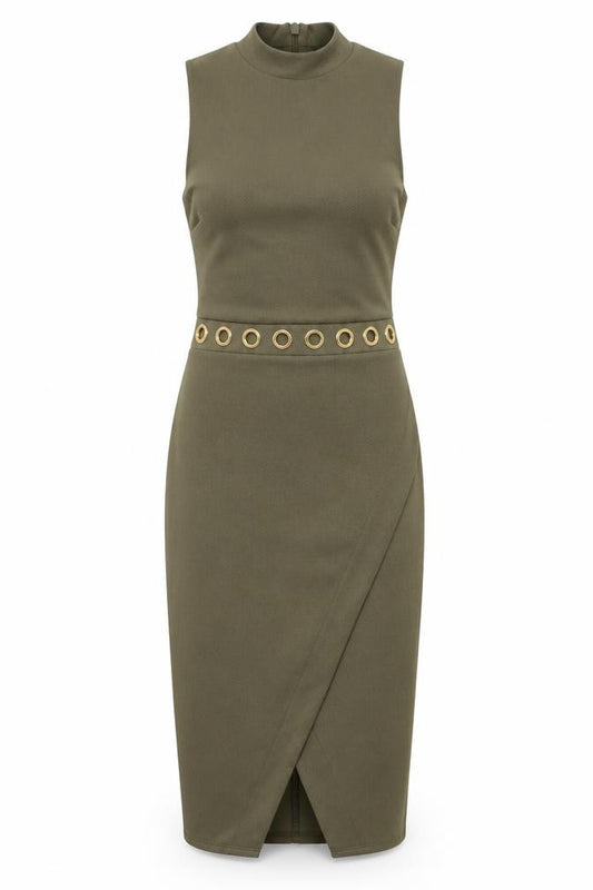 Front view of Miss Selfridge women’s green polyester bodycon, size UK 4, round neck zip