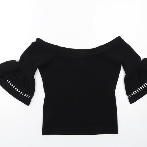 Miss Selfridge Womens Black Polyester Basic Blouse Size 8 Off the Shoulder - Flute Sleeve