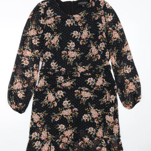 Dorothy Perkins Womens Black Floral Polyester Skater Dress Size 10 Round Neck Zip