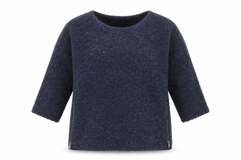 Front view of Next women’s blue boat neck polyester jumper, size UK 8