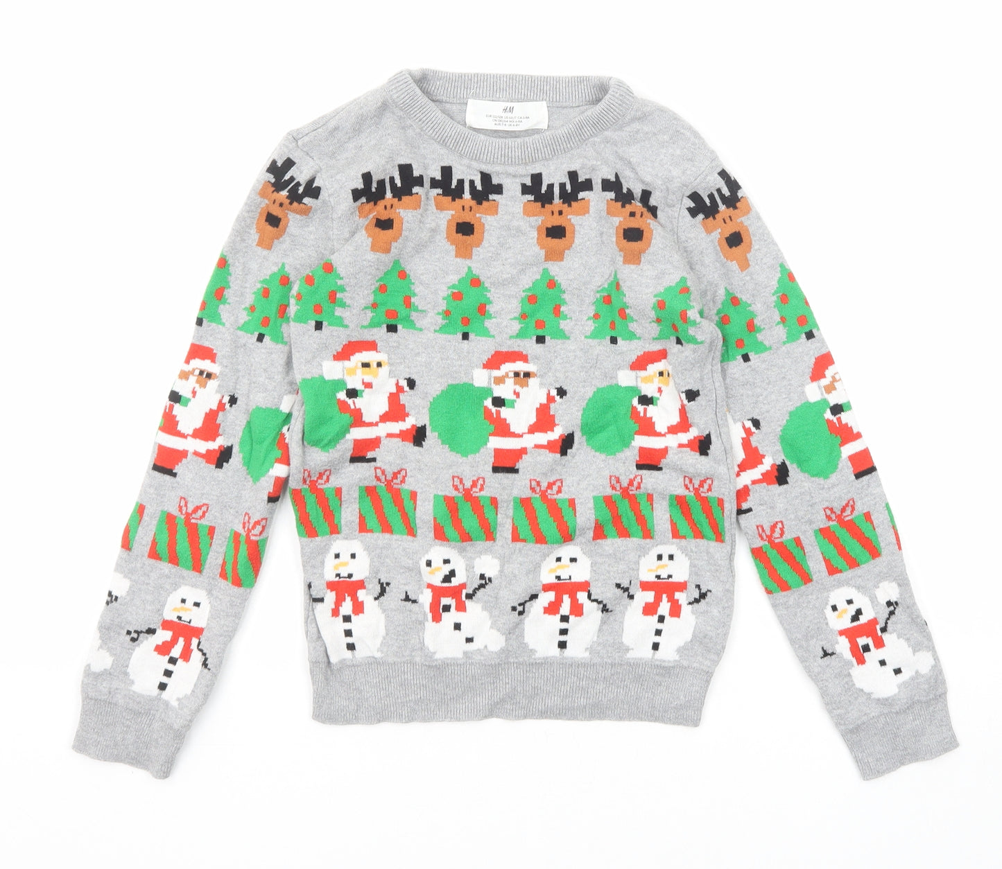 H&M Boys Grey Round Neck Geometric Cotton Pullover Jumper Size 6-7 Years Pullover - Christmas