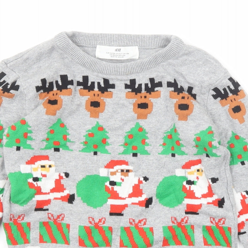 H&M Boys Grey Round Neck Geometric Cotton Pullover Jumper Size 6-7 Years Pullover - Christmas