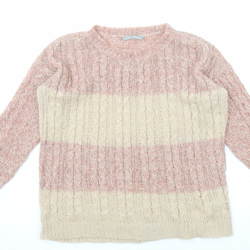 Marks and Spencer Womens Beige Round Neck Striped Acrylic Pullover Jumper Size 12