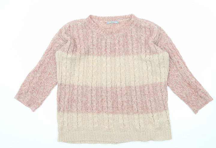 Marks and Spencer Womens Beige Round Neck Striped Acrylic Pullover Jumper Size 12