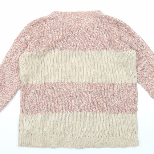 Marks and Spencer Womens Beige Round Neck Striped Acrylic Pullover Jumper Size 12