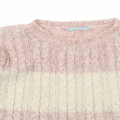 Marks and Spencer Womens Beige Round Neck Striped Acrylic Pullover Jumper Size 12