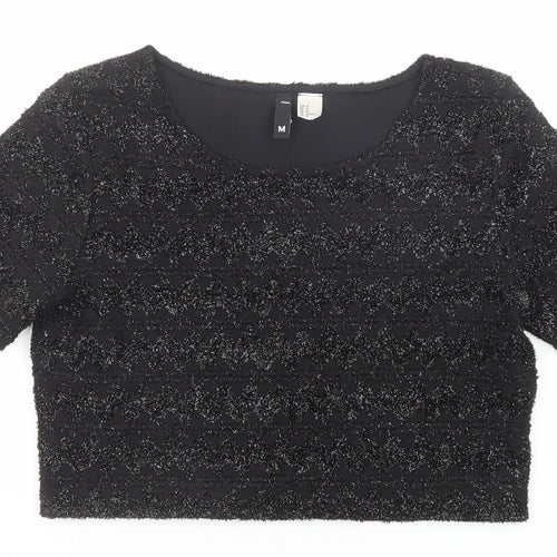 Divided by H&M Womens Black Geometric Polyester Cropped T-Shirt Size M Round Neck