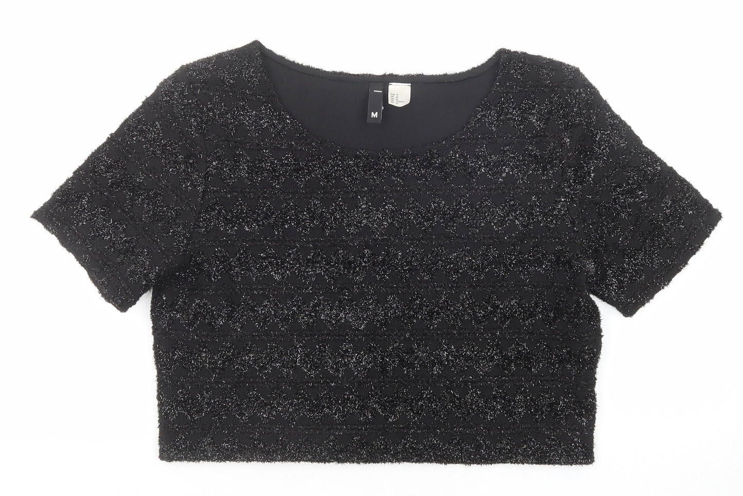 Divided by H&M Womens Black Geometric Polyester Cropped T-Shirt Size M Round Neck