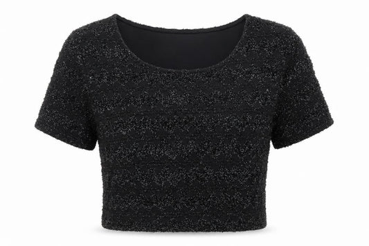 Front view of Divided by H&M women’s black geometric polyester cropped t-shirt, size M, round neck
