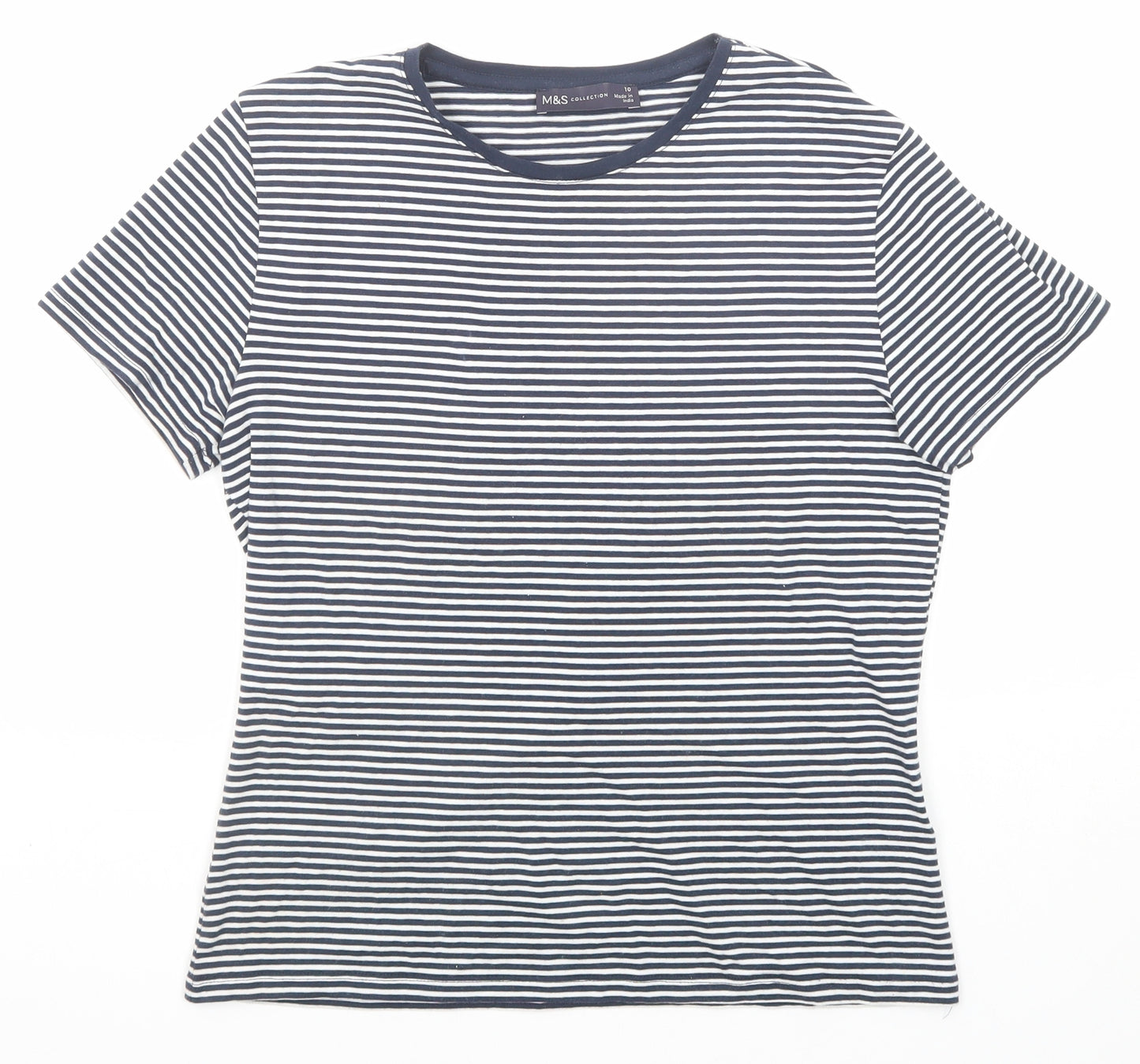 Marks and Spencer Womens Blue Striped Cotton Basic T-Shirt Size 10 Round Neck