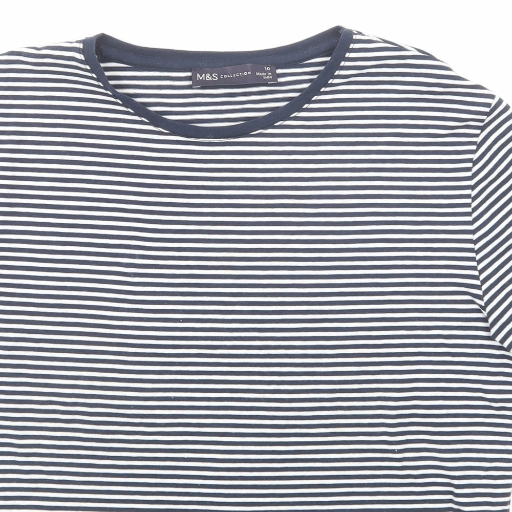 Marks and Spencer Womens Blue Striped Cotton Basic T-Shirt Size 10 Round Neck