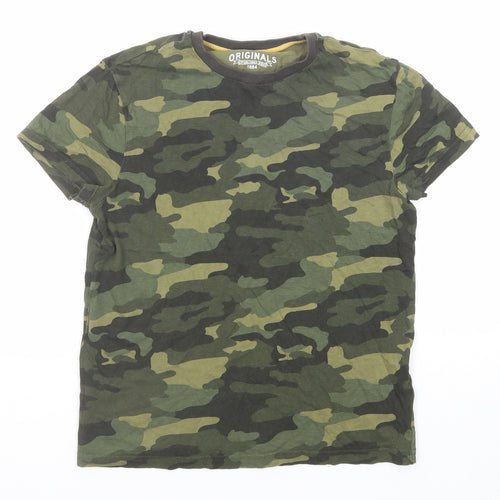 Marks and Spencer Boys Green Camouflage Cotton Basic T-Shirt Size 11-12 Years Round Neck Pullover