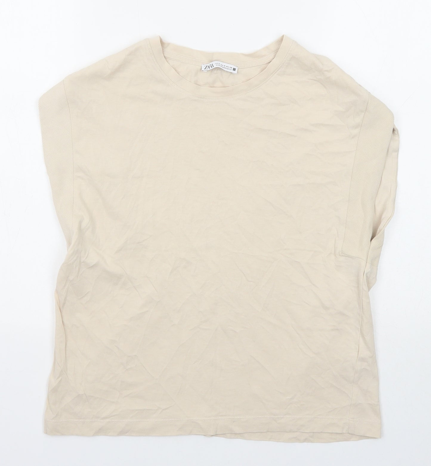 Zara Womens Beige Cotton Basic T-Shirt Size S Round Neck