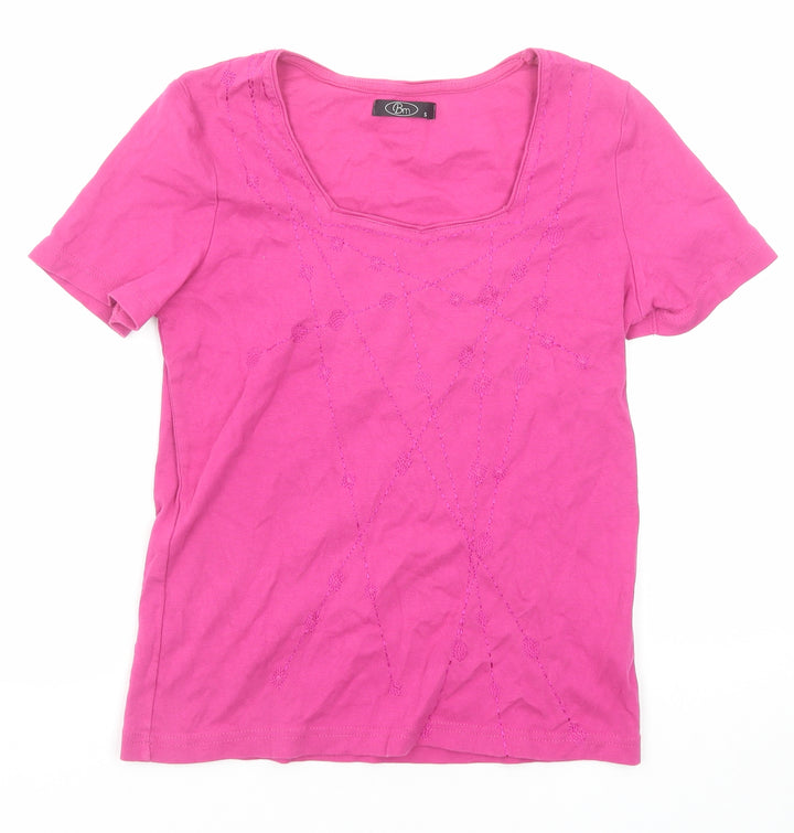 Bonmarché Womens Pink Geometric Cotton Basic Blouse Size S Round Neck