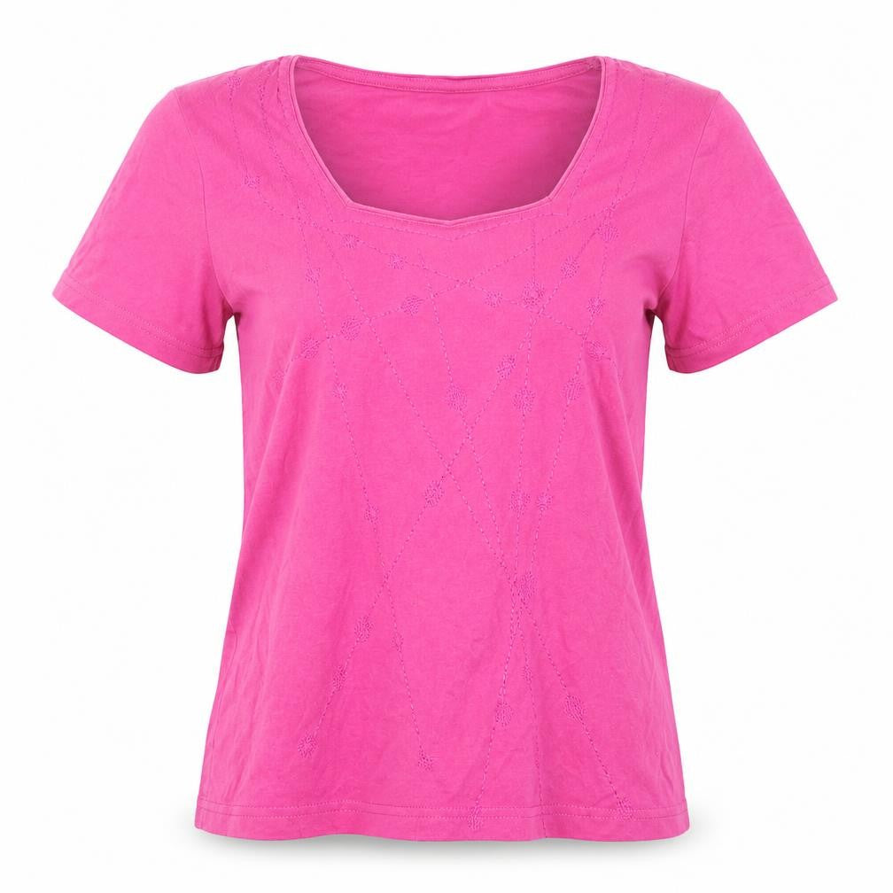 Front view of Bonmarché women’s pink geometric cotton basic blouse, size S, round neck