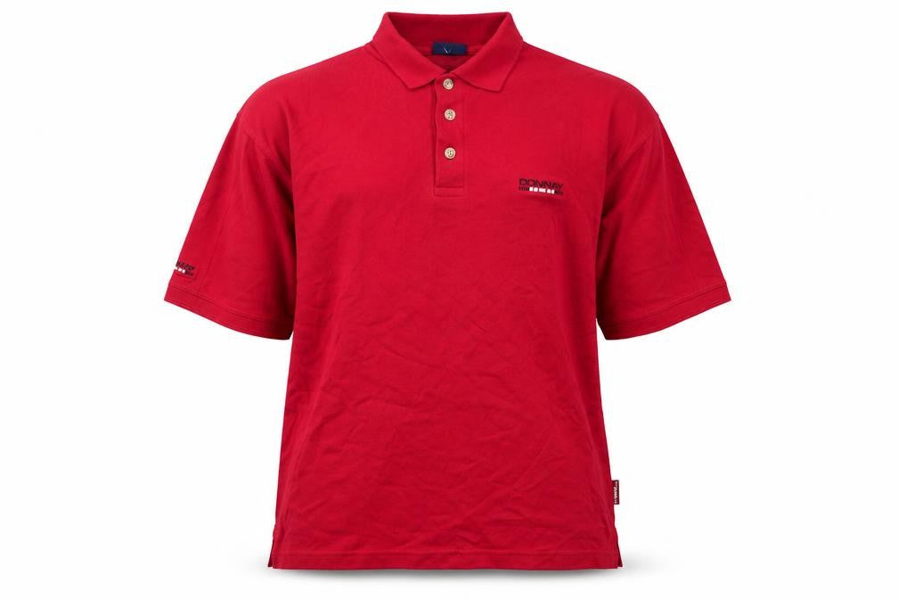 Front view of Donnay men’s red cotton polo, size M, collared button