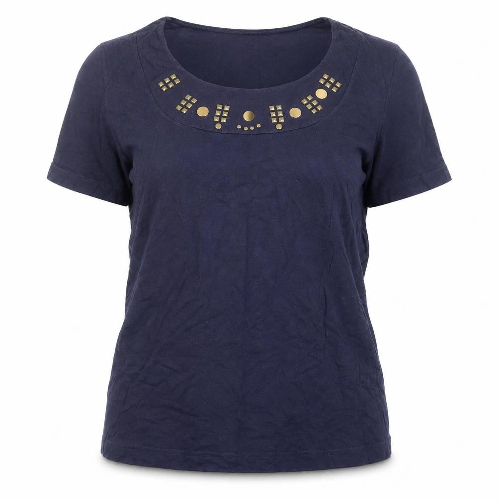 Front view of Pure Wear women’s blue cotton basic blouse, size UK 16, round neck
