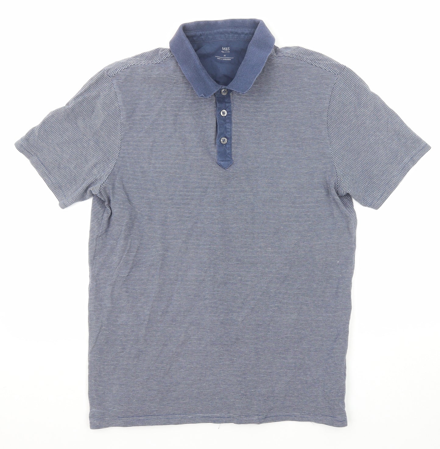 Marks and Spencer Mens Blue Striped Cotton Polo Size M Collared Button
