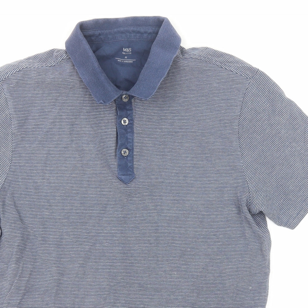 Marks and Spencer Mens Blue Striped Cotton Polo Size M Collared Button