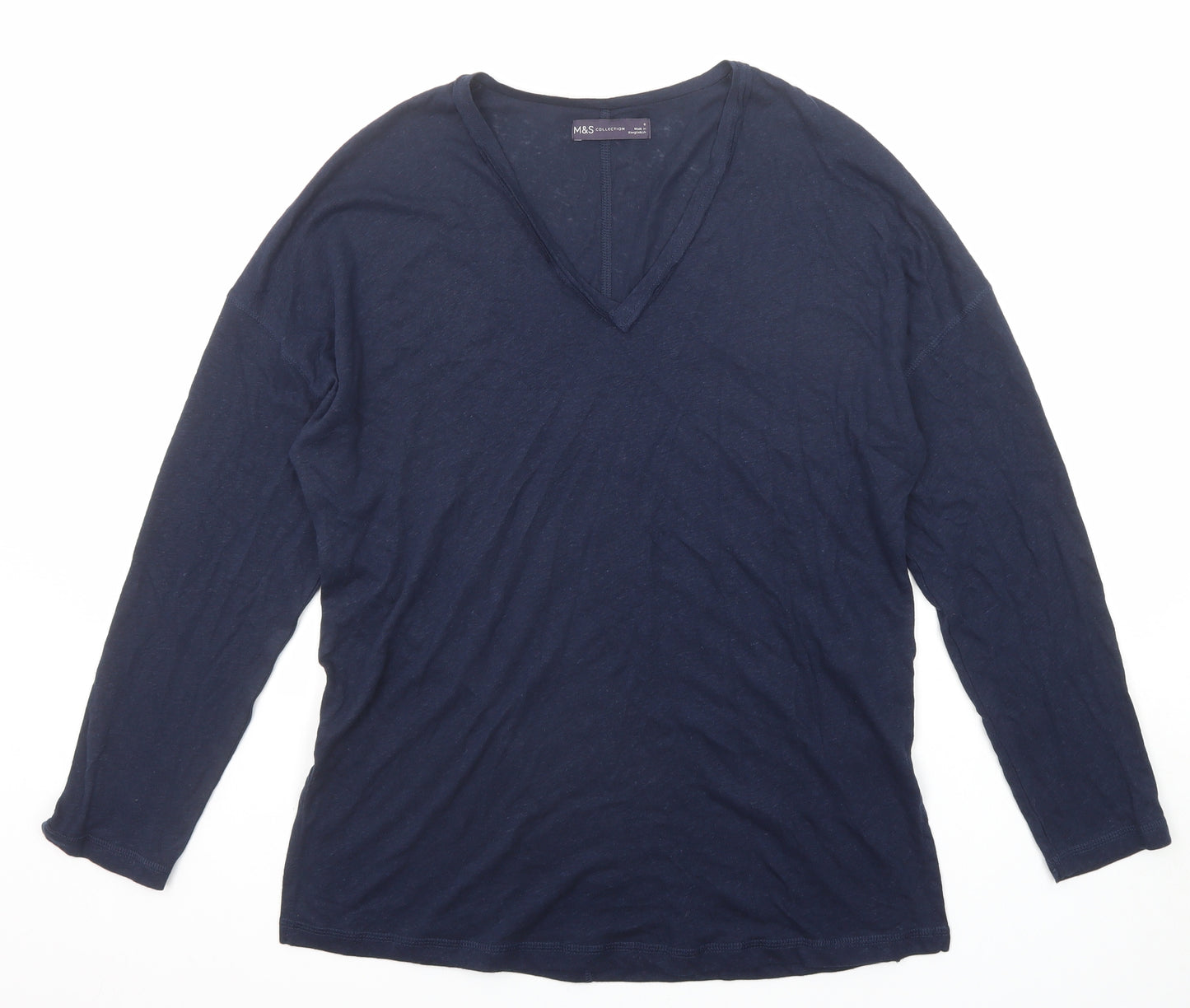 Marks and Spencer Womens Blue Linen Basic T-Shirt Size 8 V-Neck