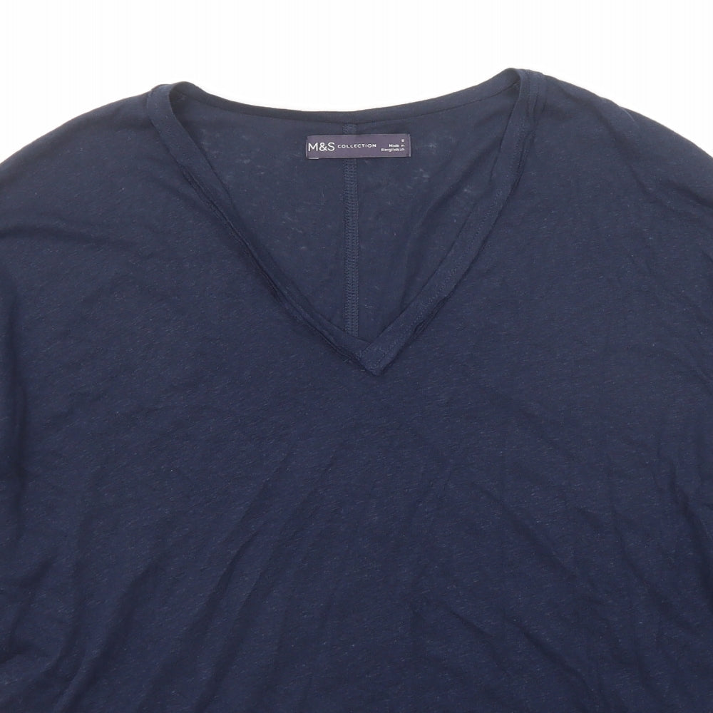 Marks and Spencer Womens Blue Linen Basic T-Shirt Size 8 V-Neck