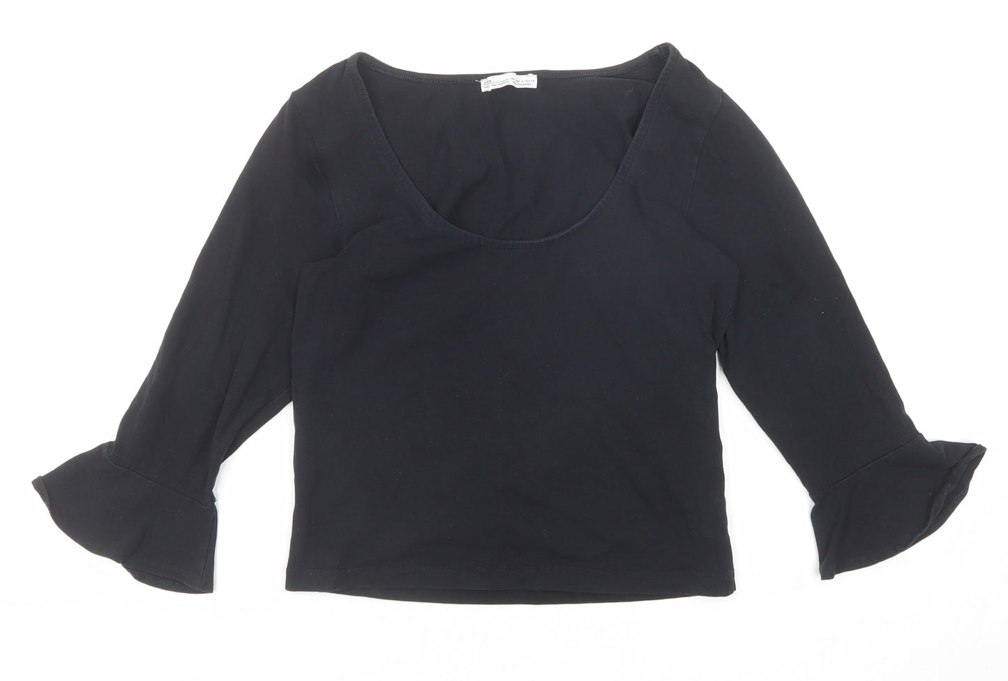 Zara Womens Black Polyester Basic Blouse Size S Scoop Neck - Ruffle Sleeve