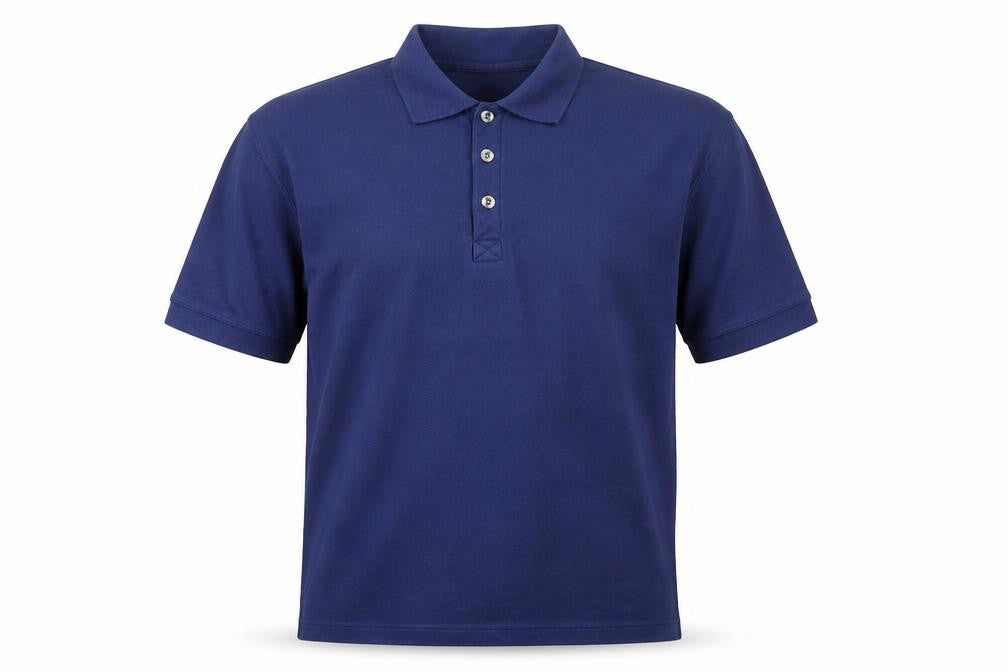 Front view of Leisure Classics men’s blue polyester polo, size S, collared button