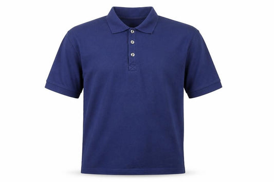 Front view of Leisure Classics men’s blue polyester polo, size S, collared button