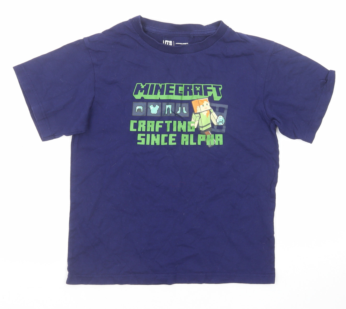 Uniqlo Boys Blue Cotton Basic T-Shirt Size 9-10 Years Round Neck Pullover - Minecraft