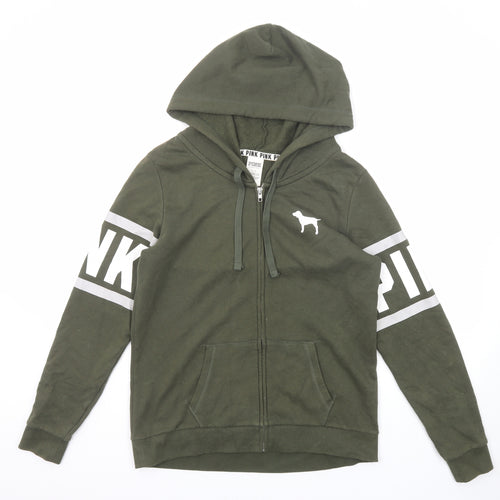 PINK Womens Green Cotton Full Zip Hoodie Size S Zip