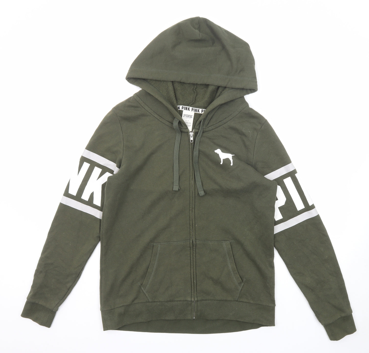PINK Womens Green Cotton Full Zip Hoodie Size S Zip