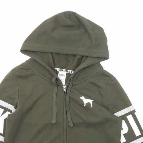 PINK Womens Green Cotton Full Zip Hoodie Size S Zip