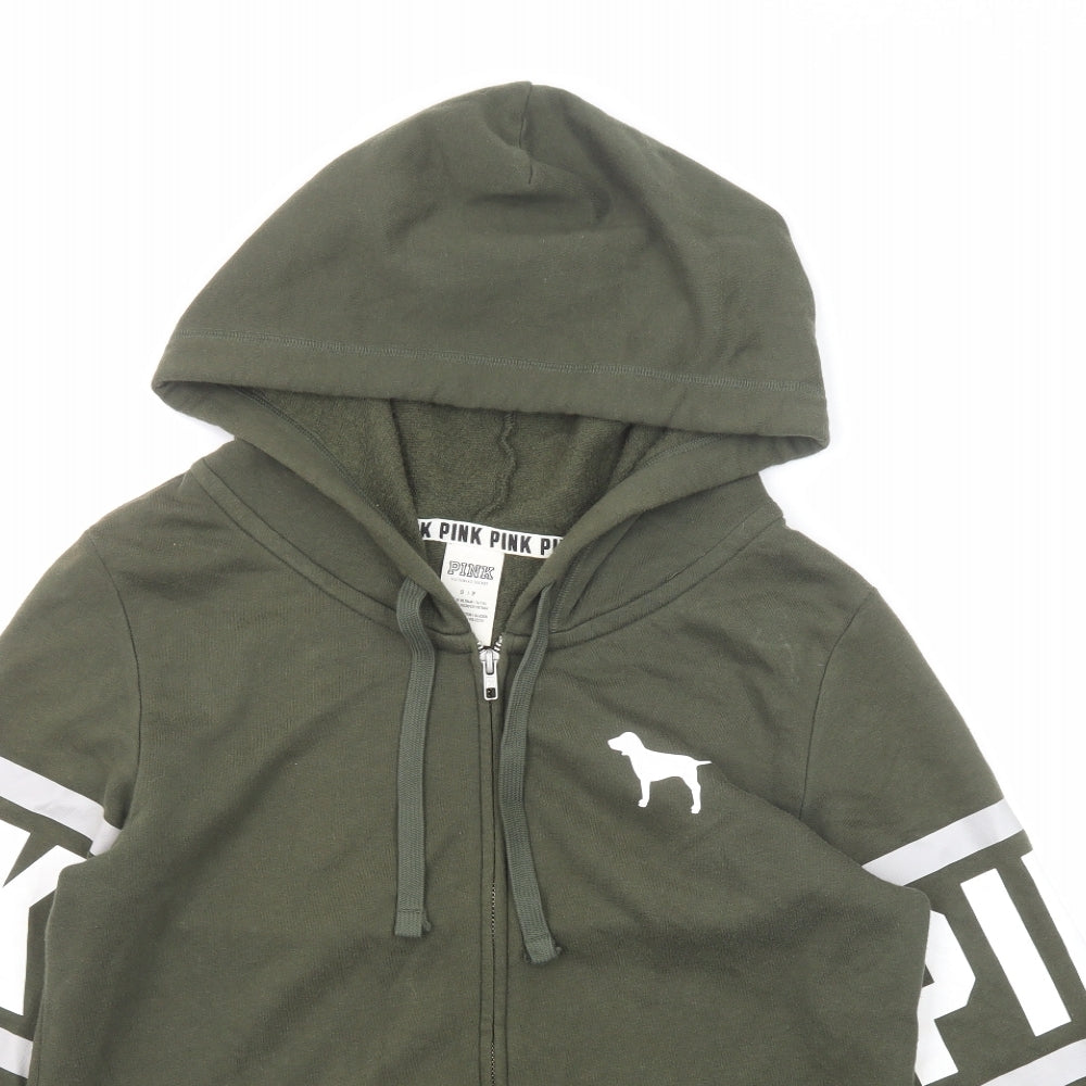 PINK Womens Green Cotton Full Zip Hoodie Size S Zip