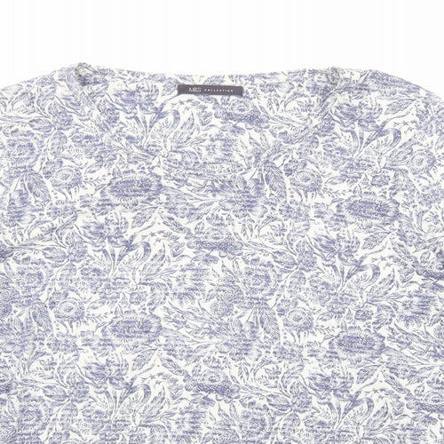 Marks and Spencer Womens Blue Floral Polyester Basic T-Shirt Size 16 Boat Neck