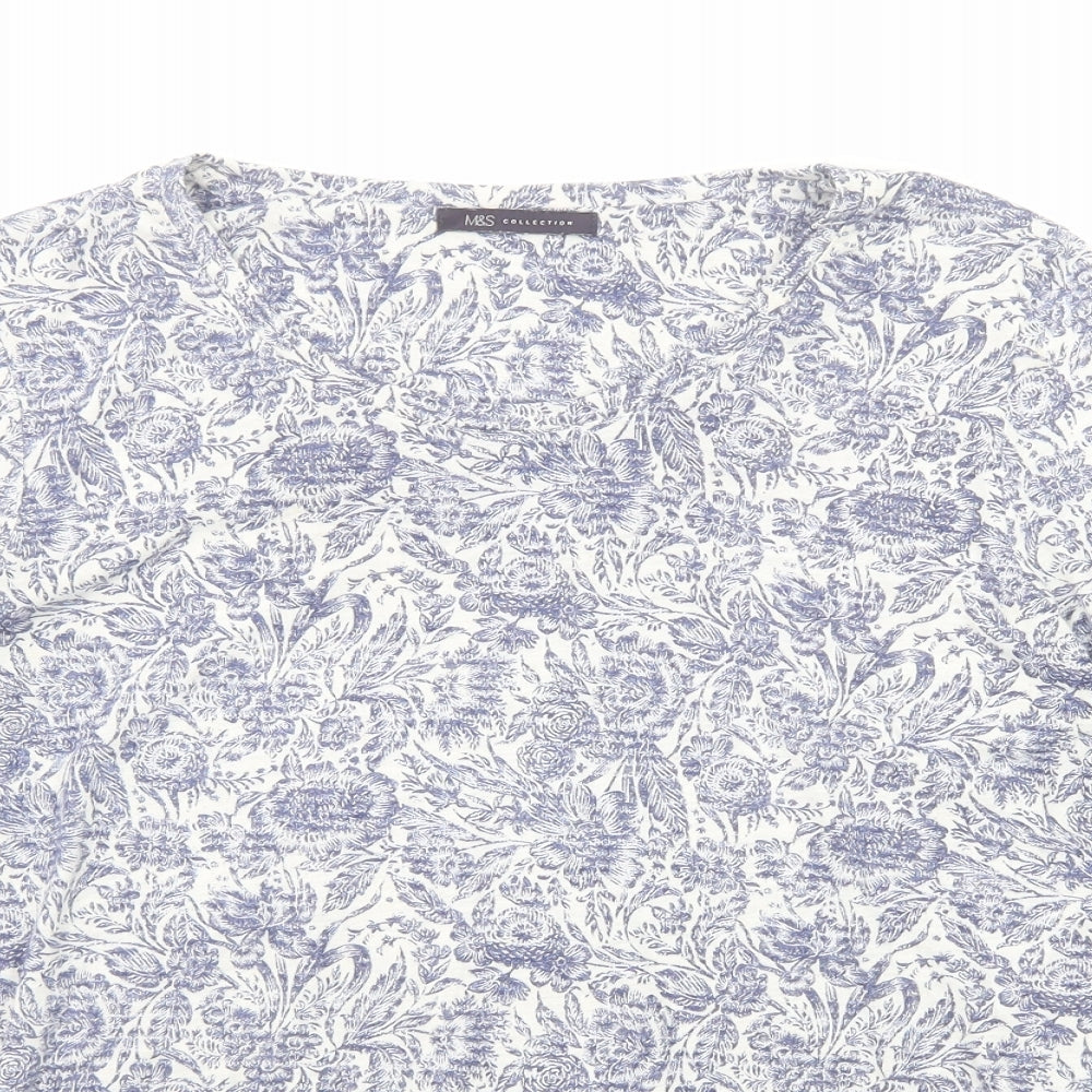 Marks and Spencer Womens Blue Floral Polyester Basic T-Shirt Size 16 Boat Neck