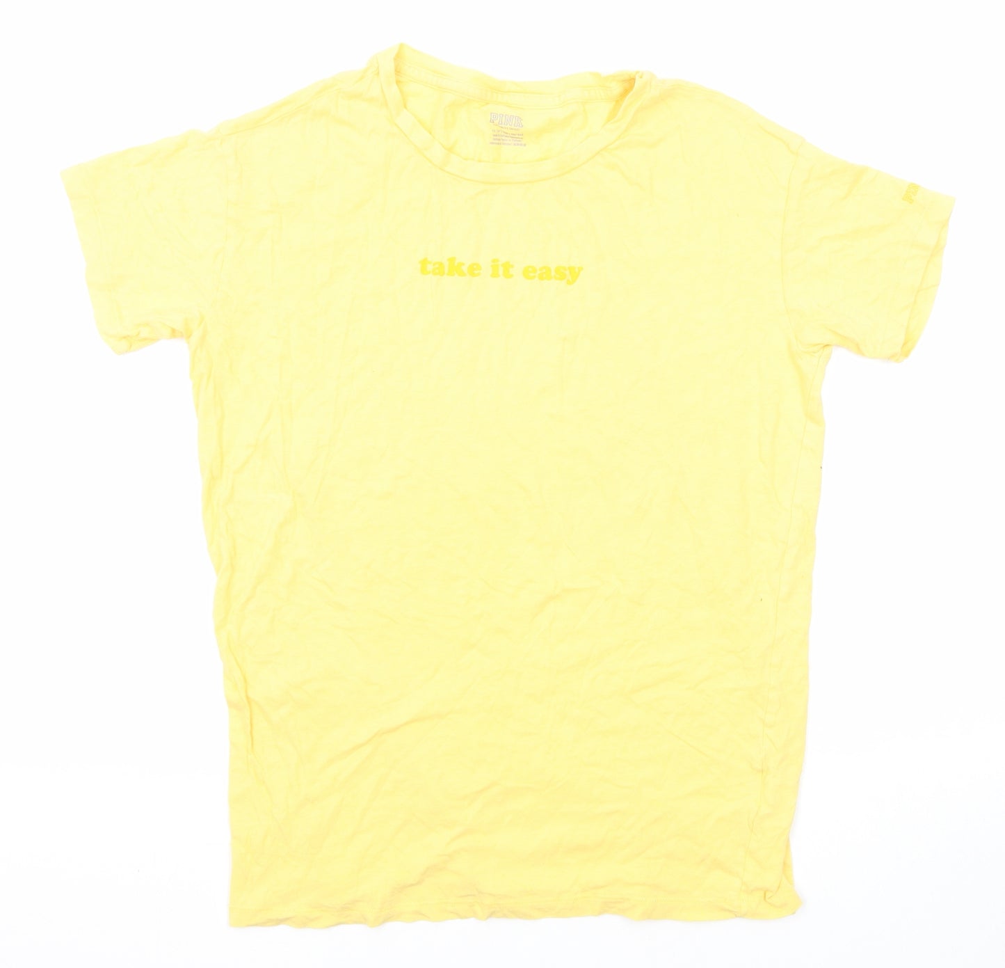 PINK Womens Yellow Cotton Basic T-Shirt Size XS Crew Neck - Take it Easy